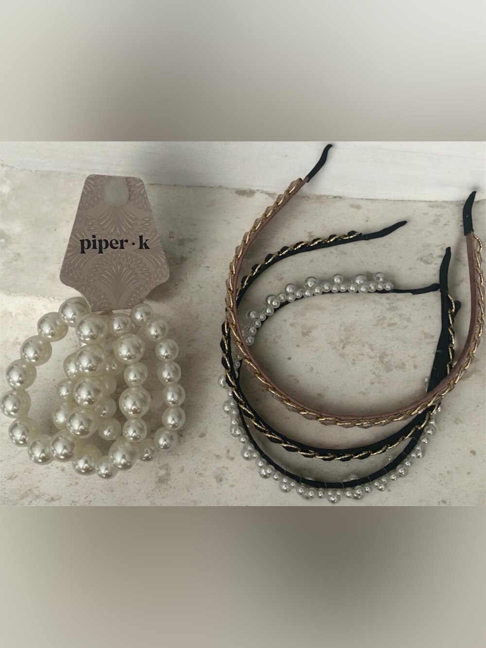 Piper Pearl Bracelet and Black & Gold Pearl-Trim Headbands